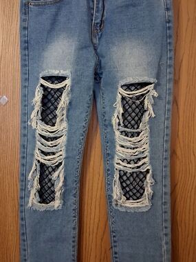 Denim Light Blue Distressed Ankle Jeans with Black Fishnet Panels